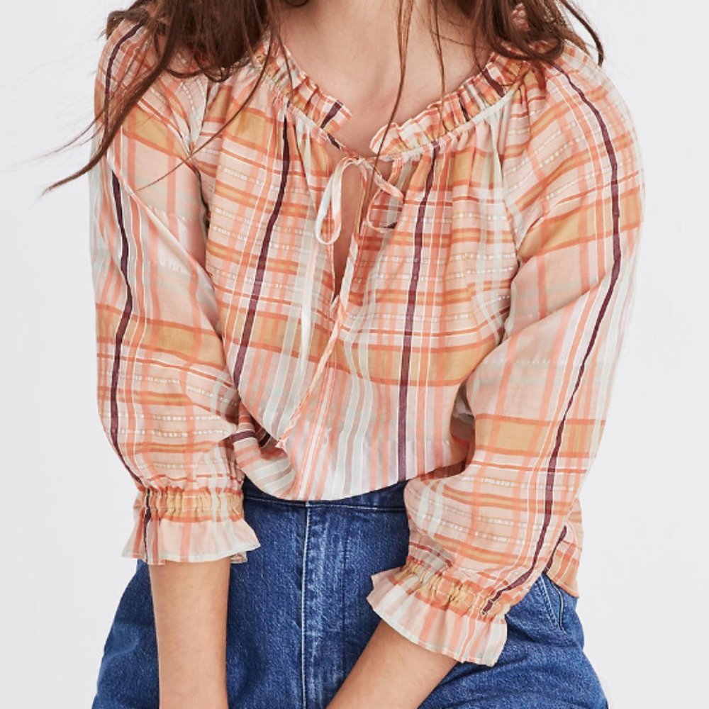 Madewell plaid tie neck ruffle sleeve top